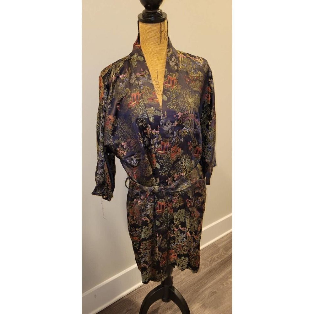 Vtg LA Parfait Chinese Floral Jacket Kimono Robe Black Medium